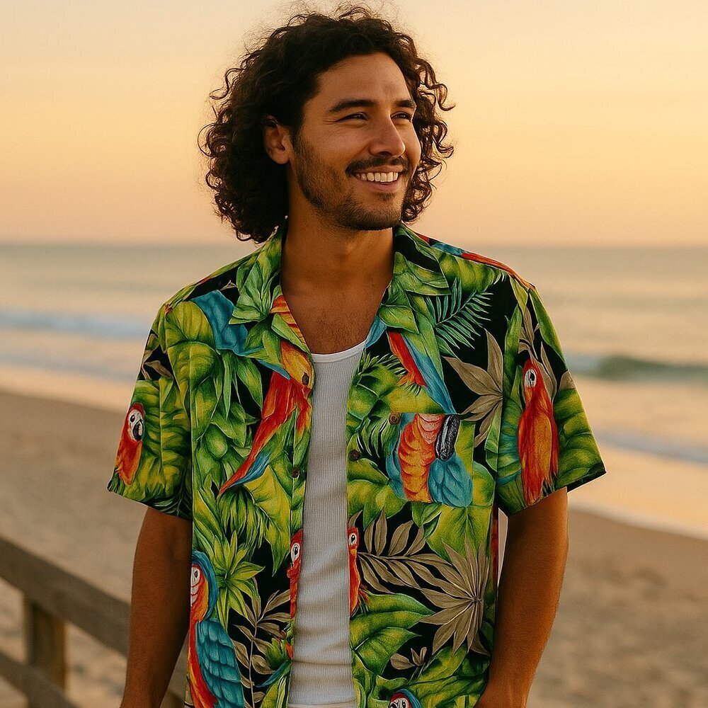 Pineapple Connection Hawaiian Shirt Mens Large Parrot Tropical Rayon Aloha Luau